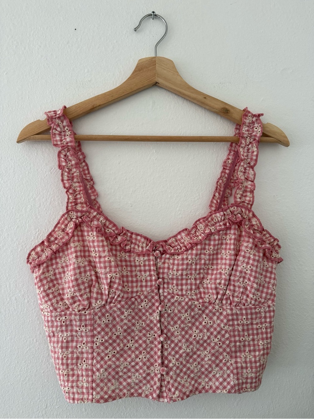 Pink Gingham Ruffle Eyelet Crop Top - Women